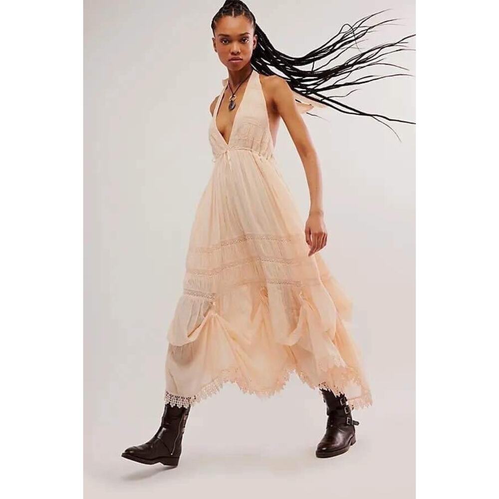 Free People Sunflower Afternoon Bustle Midi Lace Dress In‎ Tea Sz:L Ret$228.